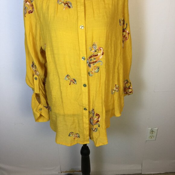 Anthropologie Fig & Flower Top Shirt XL Womans Yellow Embroidered Button Up Boho - Picture 12 of 16